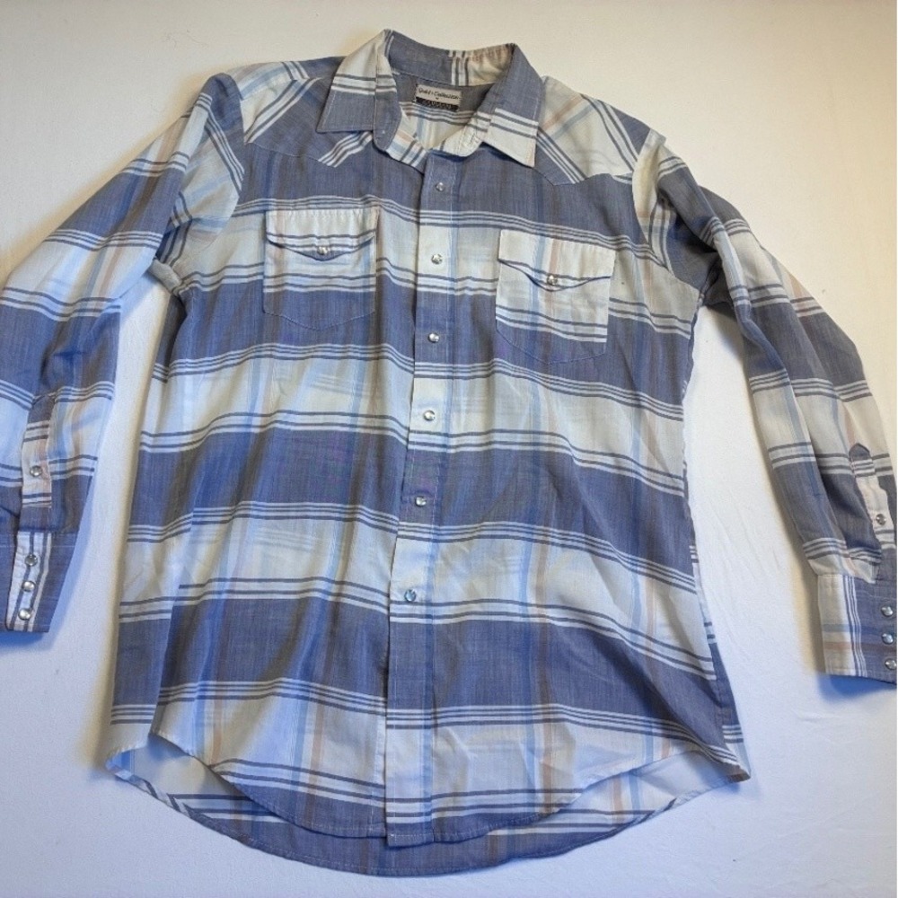 KARMAN Men's T Shirt Size M Blue Plaid Long Sleeve Collared Flannel Snaps